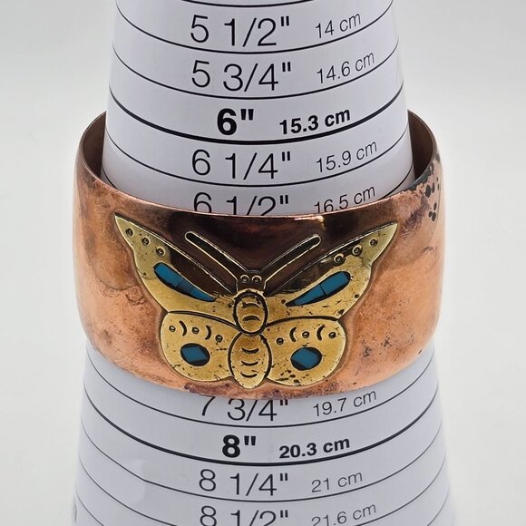 VTG Cobre Copper & Brass Turquoise Inlay Butterfly Wide Cuff Bracelet 7" Mexico - Picture 6 of 11